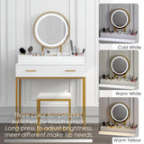 UTEX Makeup Vanity Desk with Mirror and Lights, Makeup Vanity Set with Drawers, Small Makeup Vanity Table, 3 Lighting Modes Dresser Desk and Cushioned Stool Set for Bedroom White and Gold UTEX