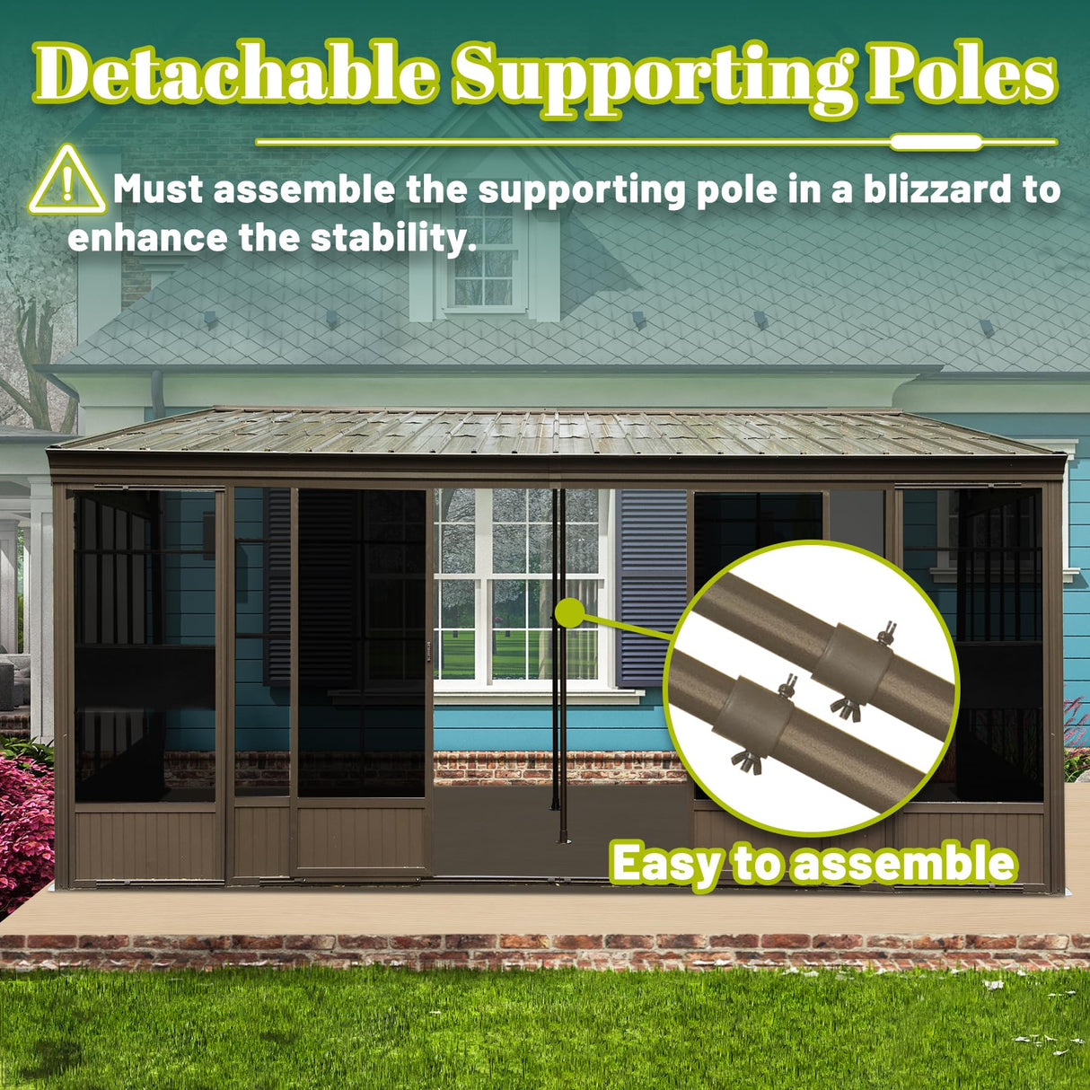 Domi 12x16FT Wall Mounted Sunroom, Against Wall Solarium with Galvanized Steel Sloping Roof, Detachable PC Screen, Front and Two Side Sliding Doors, Lean-to Gazebo Sun Room for Patio Deck domi outdoor living
