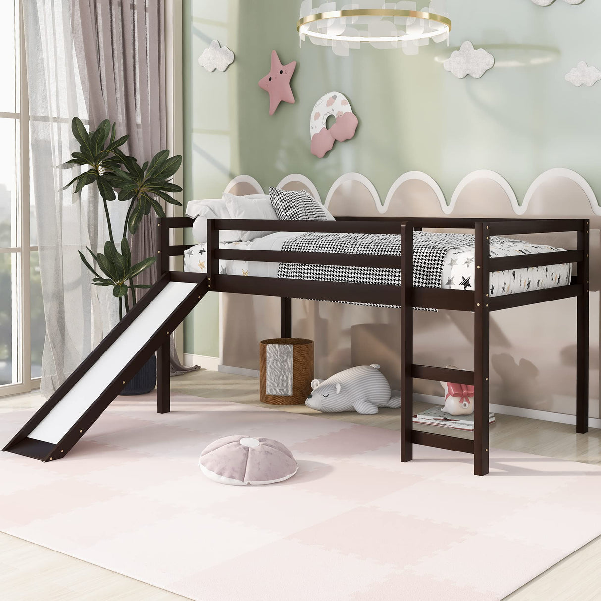 Harper & Bright Designs Twin Size Low Loft Bed with Slide in Espresso Harper & Bright Designs