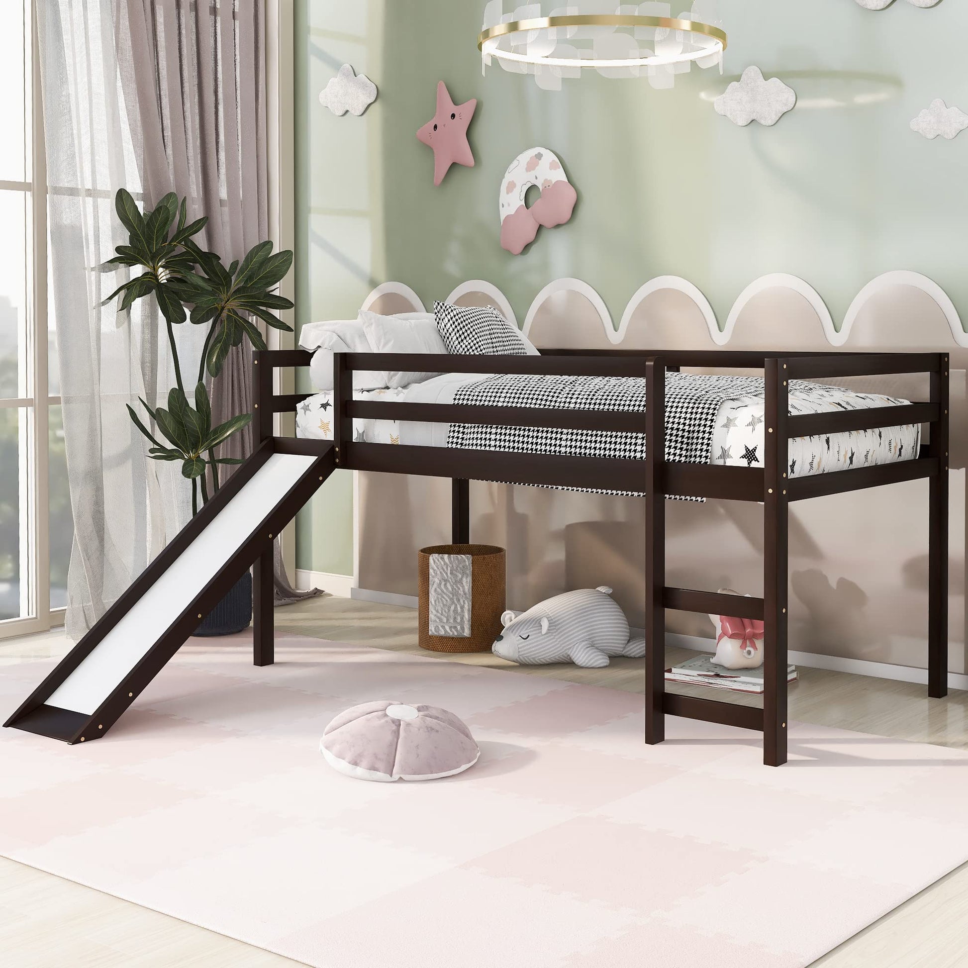 Harper & Bright Designs Twin Size Low Loft Bed with Slide in Espresso - WoodArtSupply