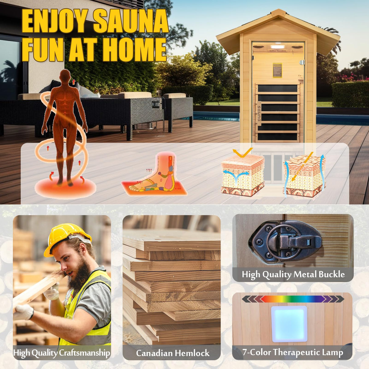 Outdoor Far Infrared Sauna, 1 Person Low EMF Indoor Home Sauna Canadian Hemlock Wood Dry Sauna 1400W/110V Homsido