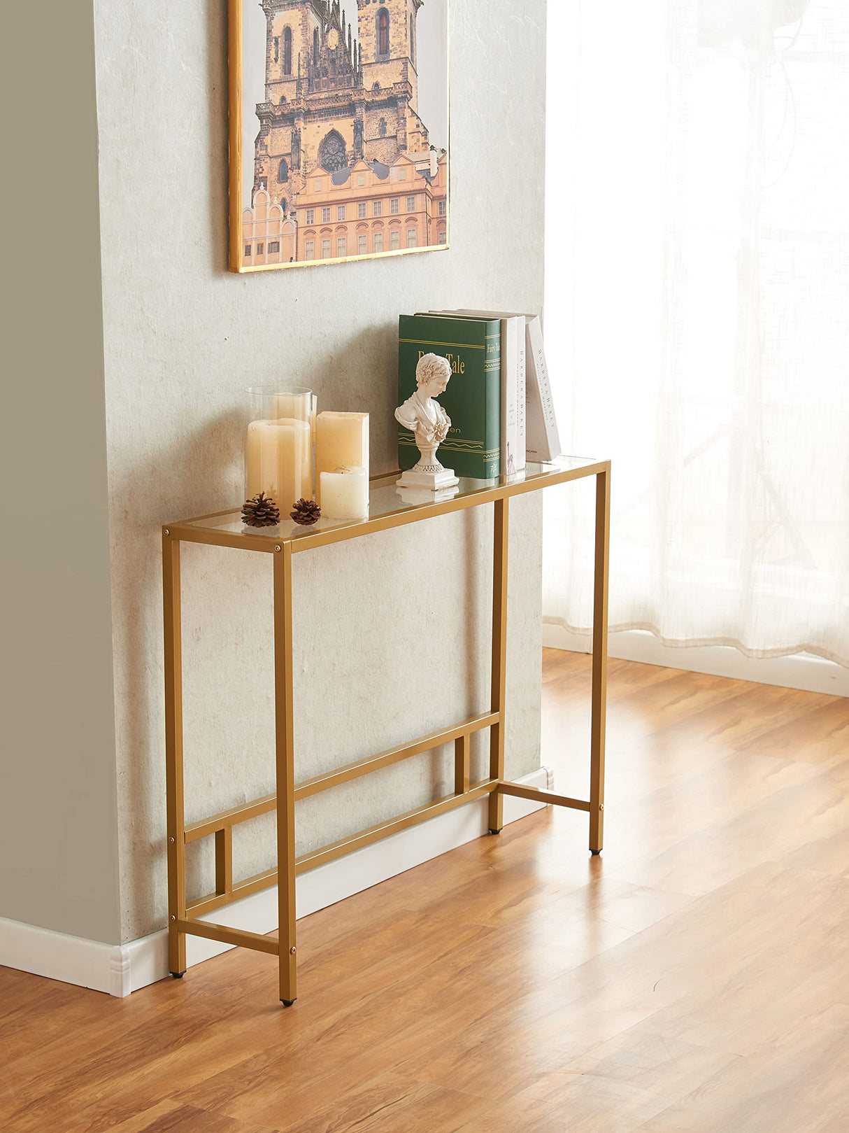 MAJARO Small Modern Console Table for Entryway, Tempered Glass with Golden Metal Frame Sofa Table for Living Room, Hallway, Office MAJARO