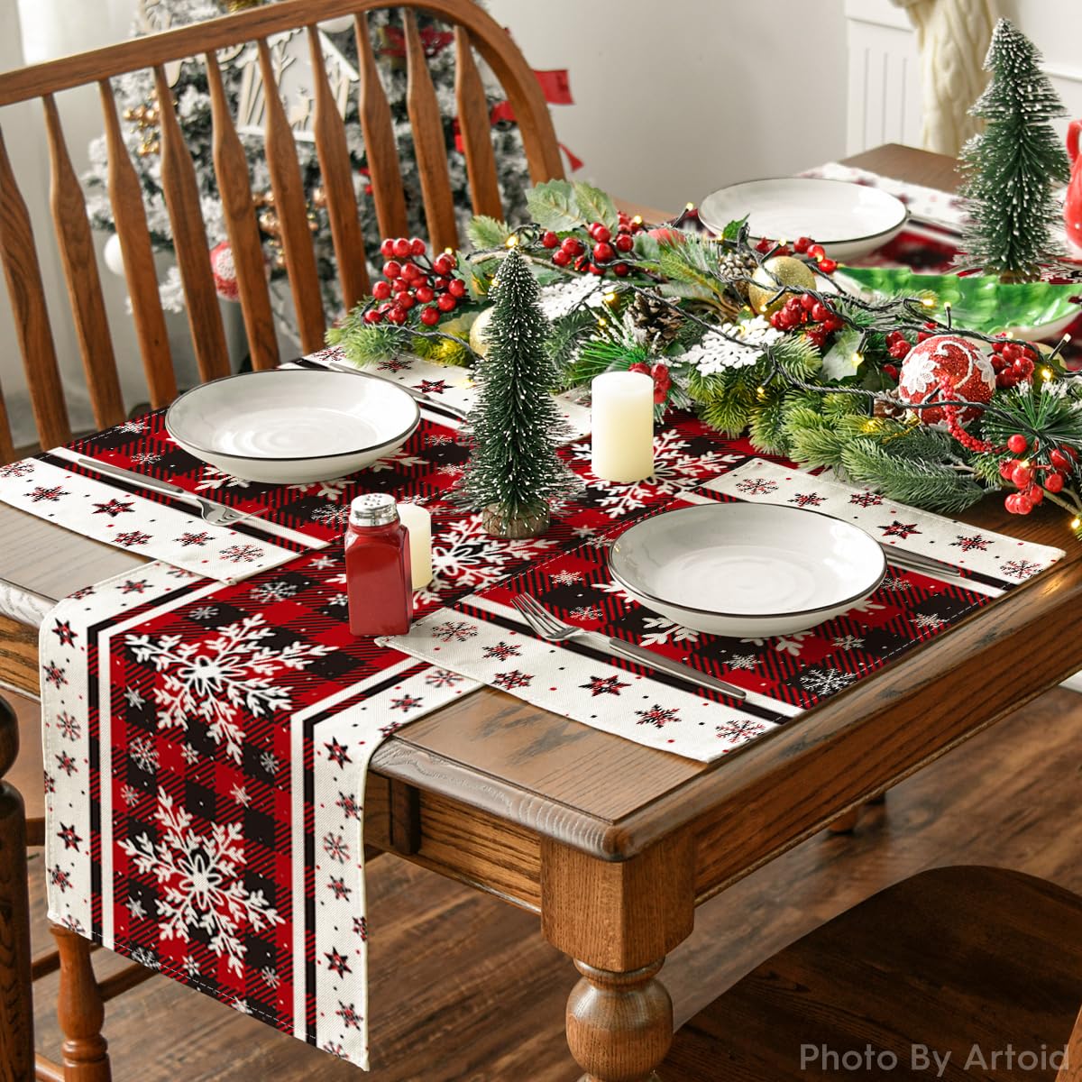 Artoid Mode Buffalo Plaid Snowflakes Winter Placemats Set of 4, 12x18 Inch Christmas Table Mats for Party Kitchen Dining Decoration Artoid Mode