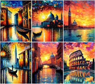 6 Pack Abstract Landscape Paint by Numbers Kit for Adults,Water City Unframed Paint by Number Kits,Venice Watercolor Art Painting Kit Crafts for Home Decor Gifts 12X16 Inch.