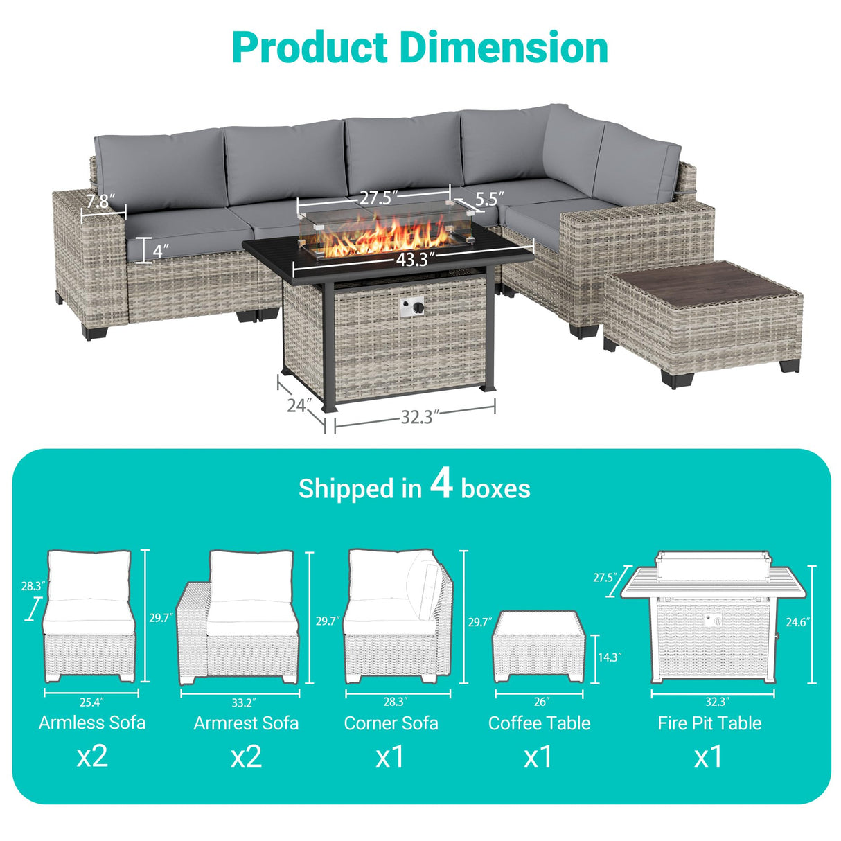 Muphyers 7-Piece Outdoor Patio Furniture Set with 55,000 BTU Fire Pit Table, PE Wicker Rattan Sectional Sofa Patio Conversation Set with Thickened Cushions & Coffee Table, Grey Muphyers