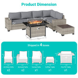 Muphyers 7-Piece Outdoor Patio Furniture Set with 55,000 BTU Fire Pit Table, PE Wicker Rattan Sectional Sofa Patio Conversation Set with Thickened Cushions & Coffee Table, Grey Muphyers