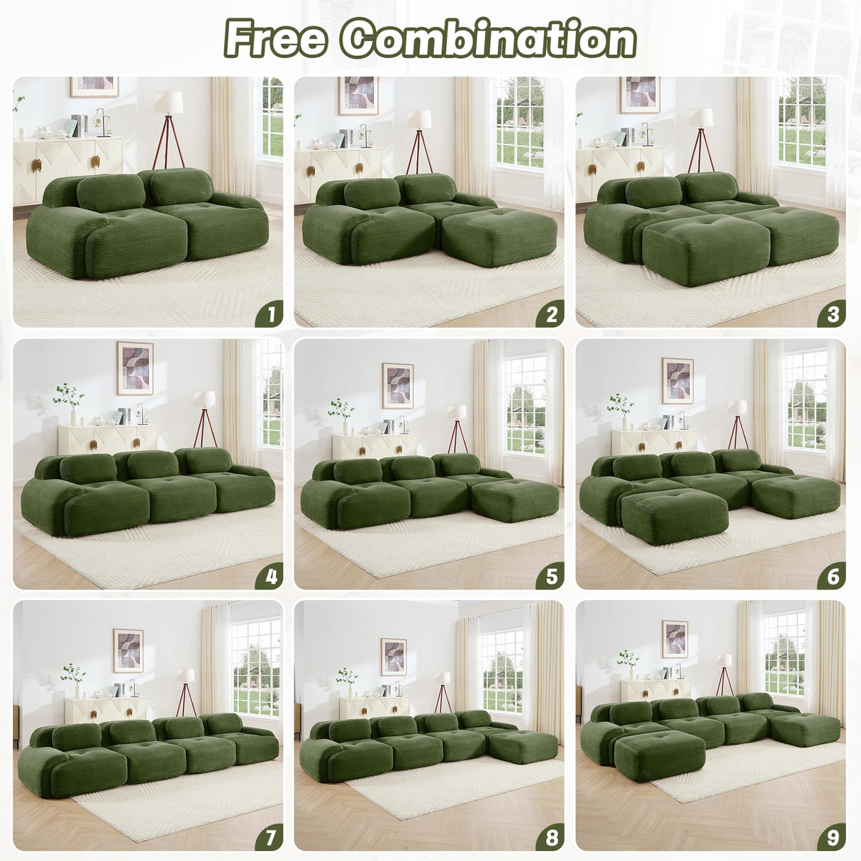 YESER Modular Sectional Sofa Boneless Couch Corduroy Cloud Couch, Modern Deep Seat Sectional Couches for Living Room, 82" Loveseat Apartment Sofa Small Couches for Small Spaces, No Assembly(Green) YESER