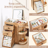 BNING Wood Jewelry Box, Solid Wooden Rotating Jewelry Box Organizer for Women, Gifts for Girls - 4 Layer Rustic Small Jewelry Organizer Box with 3 Drawers for Necklace Ring Earring Bracelet BNING