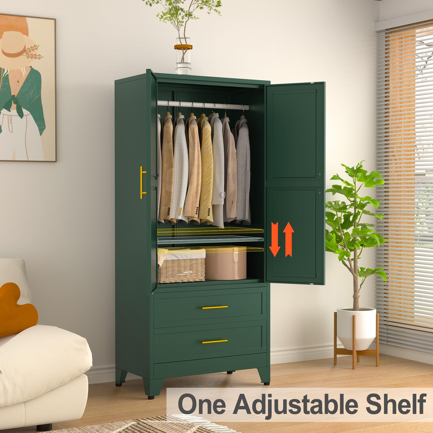 RISTERN 71” Metal Storage Cabinet with 2 Doors, 1 Adjustable Shelf and 2 Draws, Armoire Wardrobe Closet with Hanging Rods for Home Office, Bedroom, Living Room (Green) - WoodArtSupply