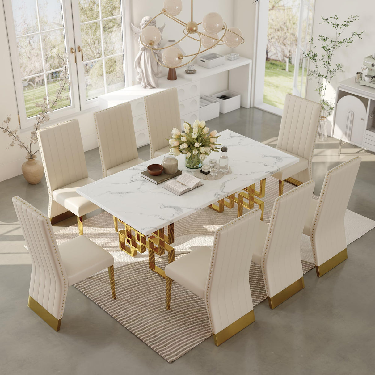 AUZ 9 Piece Dining Room Table Set with Chairs, Luxury White and Gold Dining Room Table Set for 8, 78 inch Rectangular Dining Table Set with 8 White Leather Dining Chairs AUZ