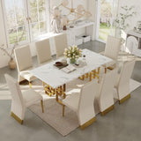 AUZ 9 Piece Dining Room Table Set with Chairs, Luxury White and Gold Dining Room Table Set for 8, 78 inch Rectangular Dining Table Set with 8 White Leather Dining Chairs AUZ
