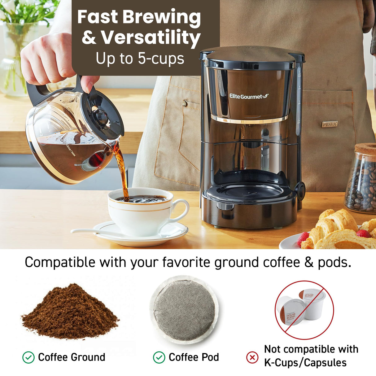 Elite Gourmet EHC-5055 Automatic 5-Cup Brew & Drip Coffee Maker with Pause N Serve Reusable Filter, On/Off Switch, Water Level Indicator Elite Gourmet