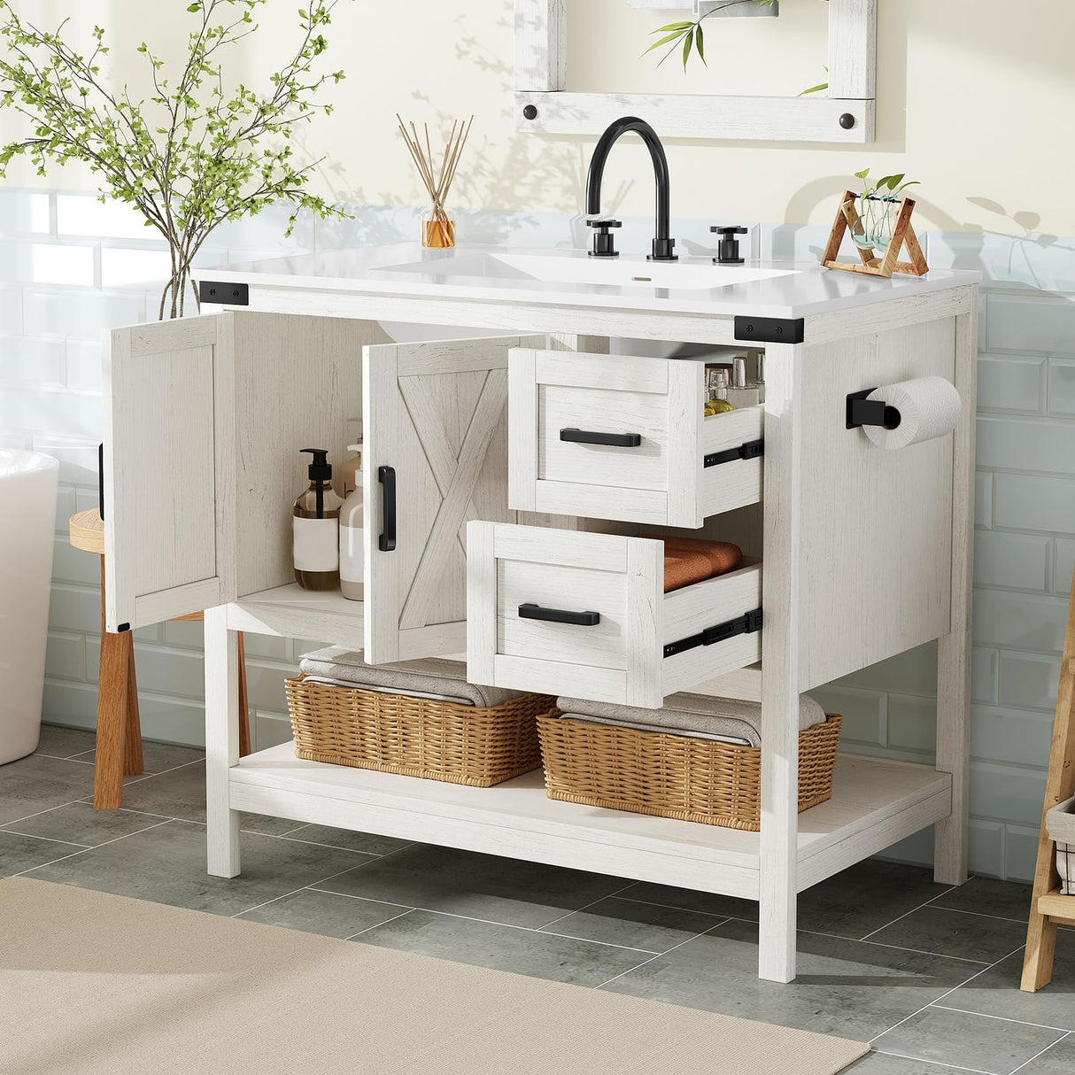 AMERLIFE 36" Farmhouse Bathroom Vanity with Sink Combo, Wood Barn Door Freestanding Small Single Bath Storage Cabinet Set with Sliding Drawers & Open Shelf, Paper Towel Holder, Antique White AMERLIFE
