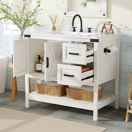 AMERLIFE 36" Farmhouse Bathroom Vanity with Sink Combo, Wood Barn Door Freestanding Small Single Bath Storage Cabinet Set with Sliding Drawers & Open Shelf, Paper Towel Holder, Antique White AMERLIFE
