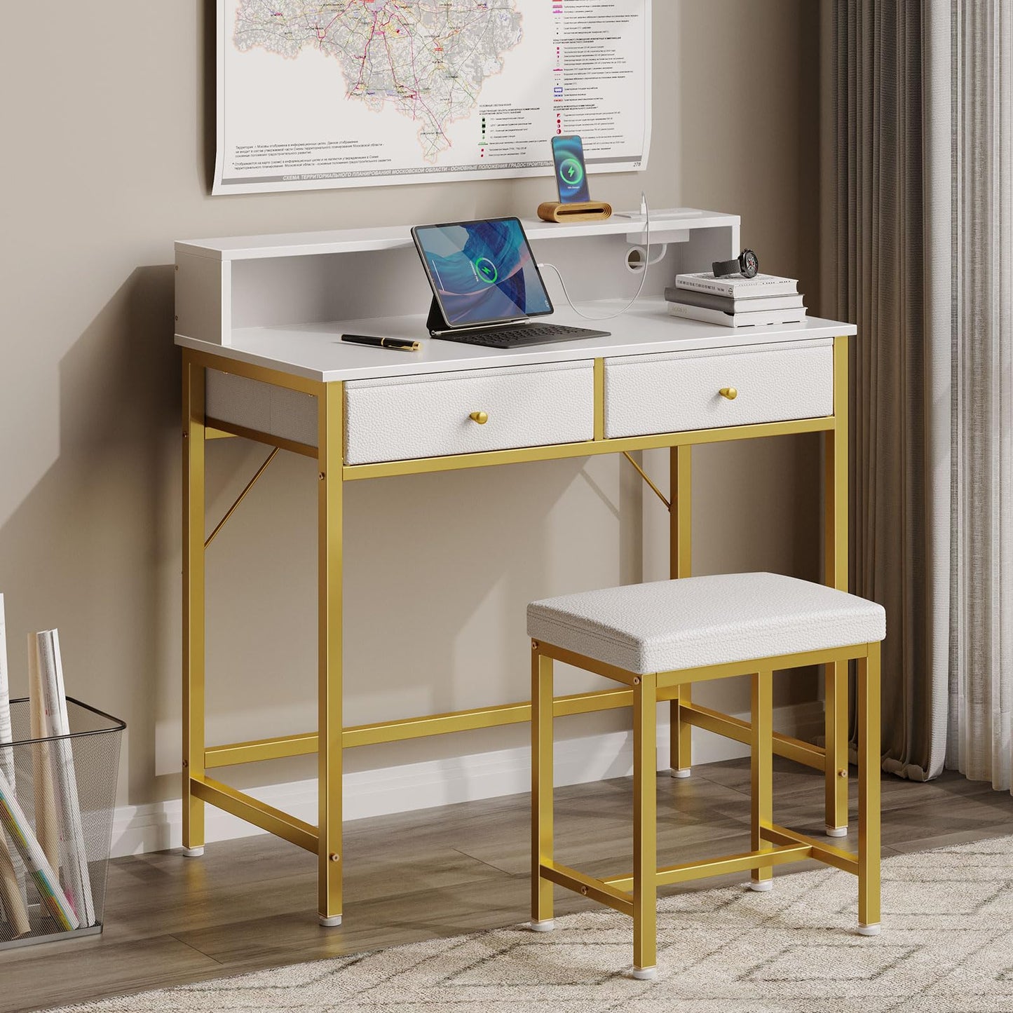 Seventable Vanity Desk Without Mirror, Makeup Vanity with Drawers and Charging Station, Small Desk with Storage for Bedroom, Simple Home Office Computer Desk for Small Spaces, White and Gold Leg