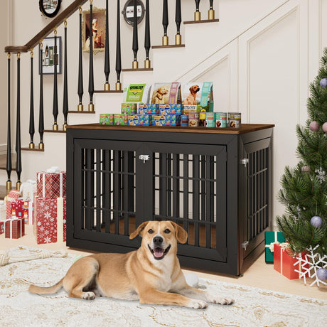 Snuowu 48" Heavy Duty Dog Crate Furniture for Small,Medium and Large Dogs,Rustic Wooden Dog Cage Kennel Indoor Furniture with Waterproof Top,Decorative Pet House Side End Table (Black & Wood) Snuowu