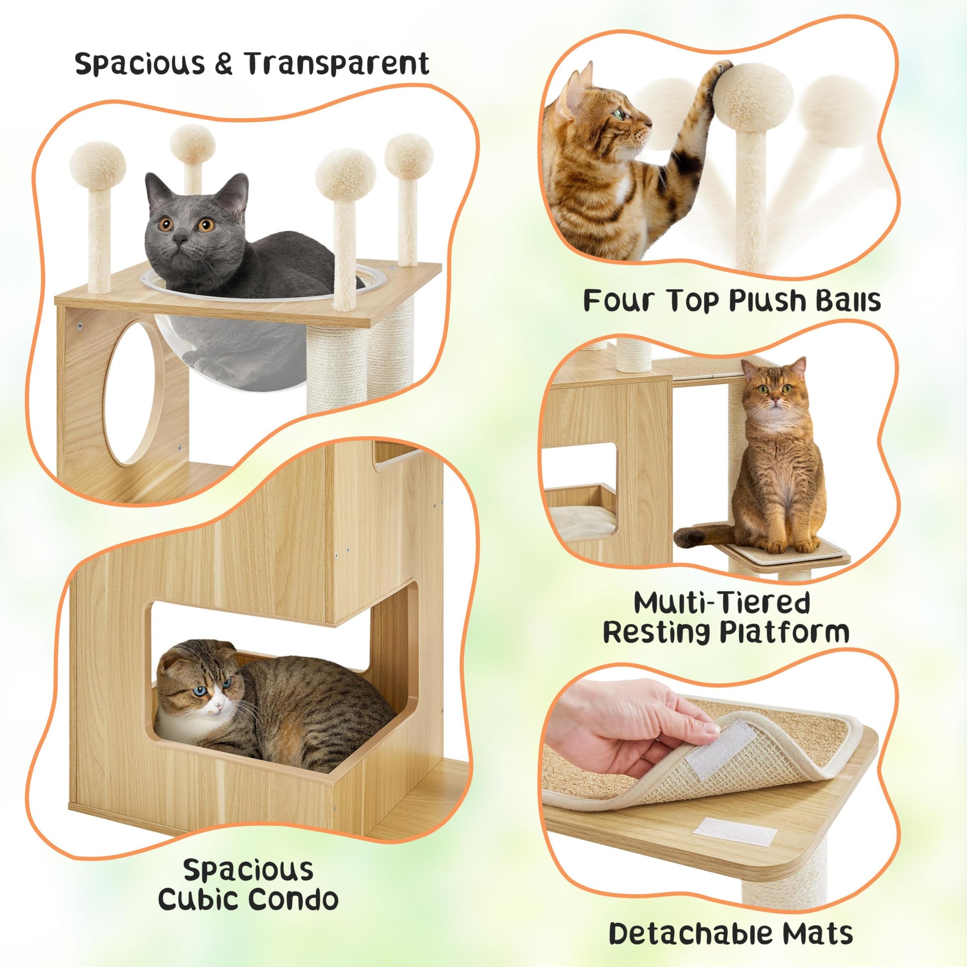 Yaheetech Wooden Cat Tree, 53in Modern Cat Tower for Indoor Cats with Scratching Posts Washable Detachable Cushion, Clear Bowl & Teasing Balls, Multi-Level Heavy Duty Cat Condo Furniture for  - WoodArtSupply