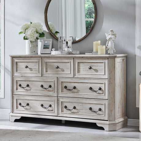 T4TREAM Farmhouse 7 Drawers Dresser for Bedroom, 54" Wide Wood Rustic Chest of Drawers with Natural Texture, Vintage Design, Storage Dressers Organizer for Bedroom, Living Room, Distressed White T4TREAM
