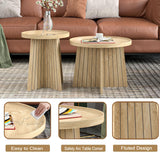 Round Coffee Table Set of 2, Mid Century Modern Fluted Nesting Coffee Table, Center Tables, Small Round Wood Coffee Table, Side End Table for Living Room, Bedrrom, Office (Wood Color) Fsbecl
