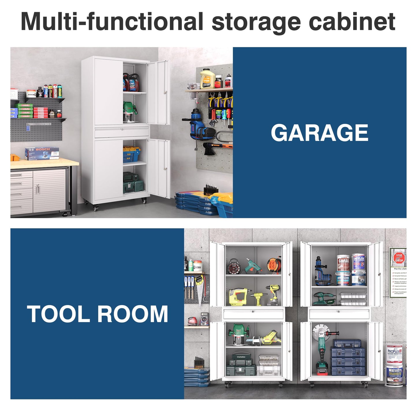 AFAIF White Metal Storage Cabinet with Wheels, 73" Tall Garage Rolling Storage Cabinet with Doors and Shelves, Lockable Tool Cabinet Steel Locking Cabinets for Home Office, Garage, Pantry