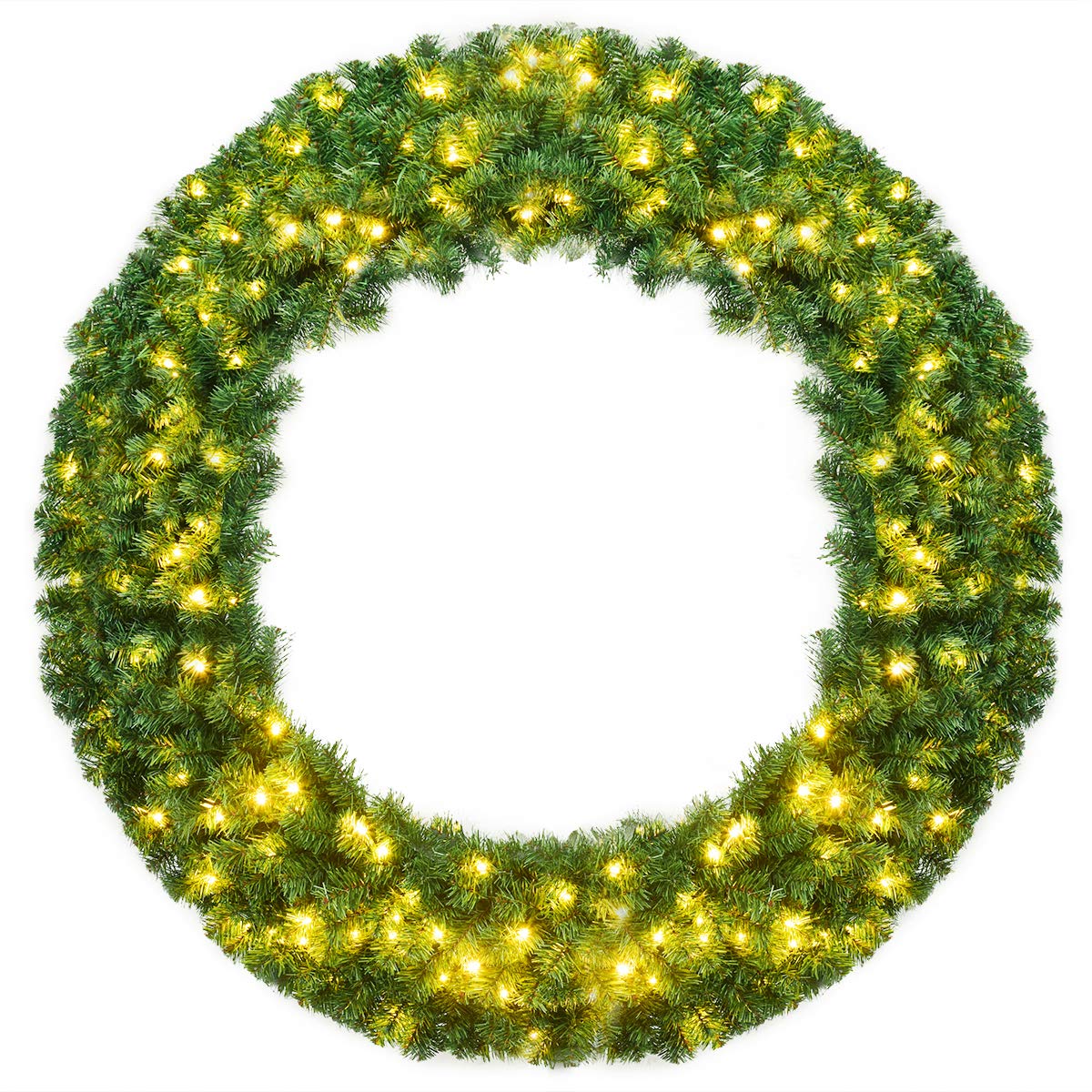 Goplus 48" Pre-lit Cordless Artificial Christmas Wreath, with 200 LED Lights and Timer, Hanging Xmas Decoration for Front Door Wall Home