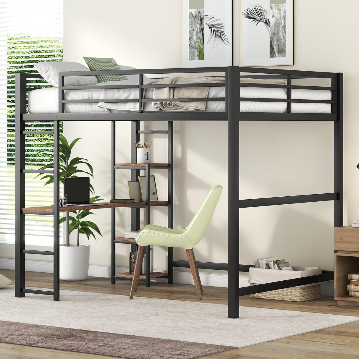 Kamsly FAVSH Full Size Metal Loft Bed Frame with Built-in Desk and Storage Shelves,Multifunctional Bedroom Bed W/Ladder, Full-Length Guardrails,for Kids,Boys,Girls,Black Kamsly