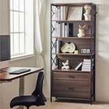 Redlifeᅟᅠ Redlife 5-Tier Bookshelf w/File Cabinet Drawers Industrial Wood Bookcase Standing Storage Organizer for Living Room Home Office, 31.5 x 14 x 74inch, Black Walnut Redlifeᅟᅠ