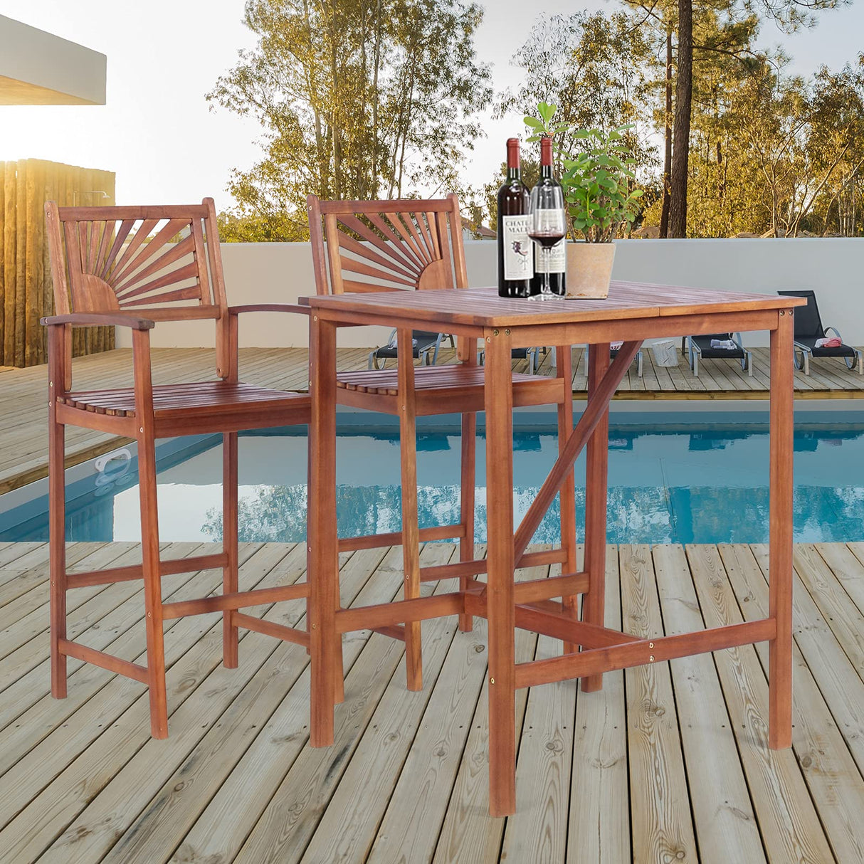 COSTWAY 3PCS Bar Table Set, Outdoor Acacia Wood Dining Set, Spacious Tabletop, Comfortable Backrest, Suitable for Sunroom, Backyard, Balcony, Space-Saving Design COSTWAY