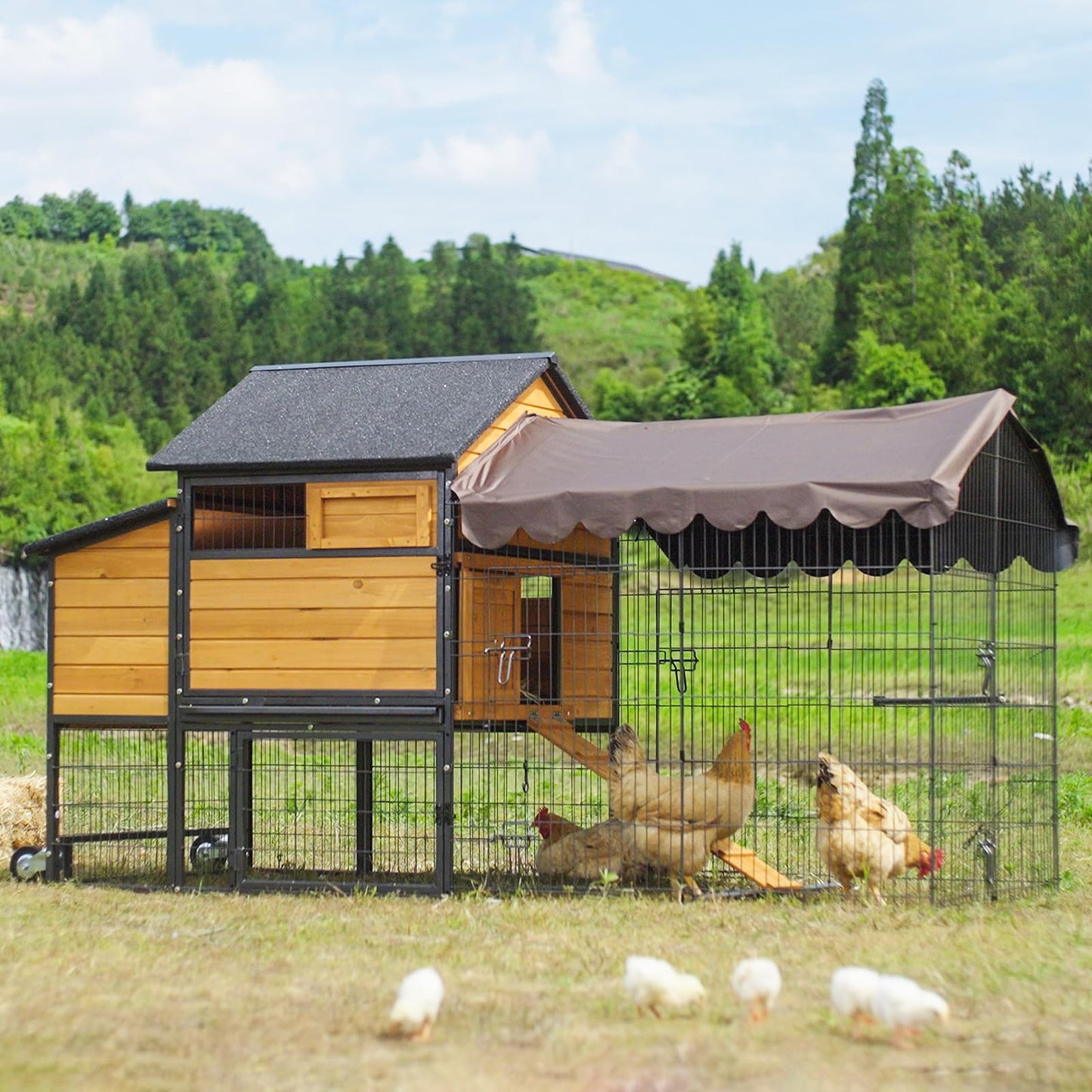 GUTINNEEN Chicken Coop Mobile Upgraded with Metal Frame and Metal Chicken Run Outdoor Hen House Chicken Tractor with Wheels,Tarp Roof Cover - WoodArtSupply