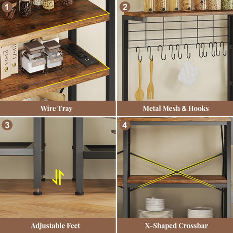 iabifo L-Shaped Bakers Rack with Power Outlet, 6-Tier Microwave Stand with Open Storage, Kitchen Shelf with Hooks, Coffee Bar with Wire Basket, Rustic Brown and Black iabifo