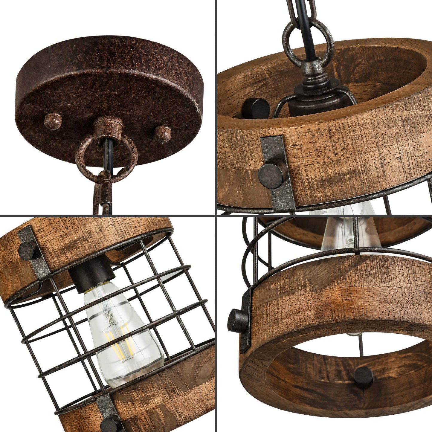 wochos Retro Industrial Metal and Wood Farmhouse Chandeliers, 1-Light Round Cage Pendant Light Fixtures for Farmhouse Kitchen Island Foyer Hallway Bar Dining Room Restaurant, Brown, 2 Pack - WoodArtSupply