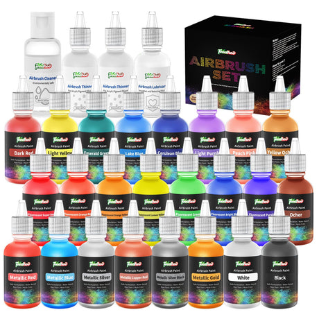 FOODHOO Airbrush Paint 24 Colors, Water Based Airbrushing Paint, Acrylic Paints for Airbrush with 2 Thinner, 1 Lubricant and 1 Cleaner, Bright Air Brush Paint for Metal, Models, Canvas, Wood, 30ml FOODHOO
