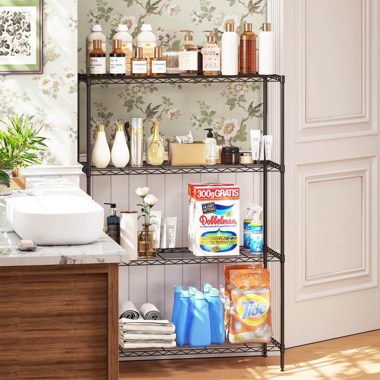 4-Tier Storage Shelves 35.4" L x 13.3" W x 53.7" H Metal Garage Shelves Standing Storage Shelf Adjustable Layer Racks with Steel Frame Suitable for Kitchen, Garage or Commercial Use (Black) FDW