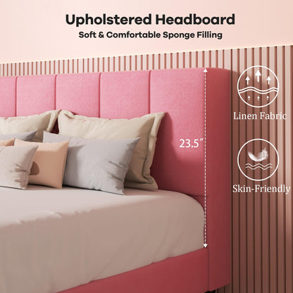 UNIZONE Queen Bed Frame with Button Tufted Headboard, Velvet Upholstered Platform Bed Frame, Mattress Foundation with Wooden Slat Support, Noise Free, No Box Spring Needed, Easy Assembly, Pink