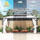 oneinmil 12x16FT Outdoor Polycarbonate Gazebo, Heavy Duty Double Roof Hardtop Gazebo with Aluminum Frame and Netting and Curtains for Patios oneinmil