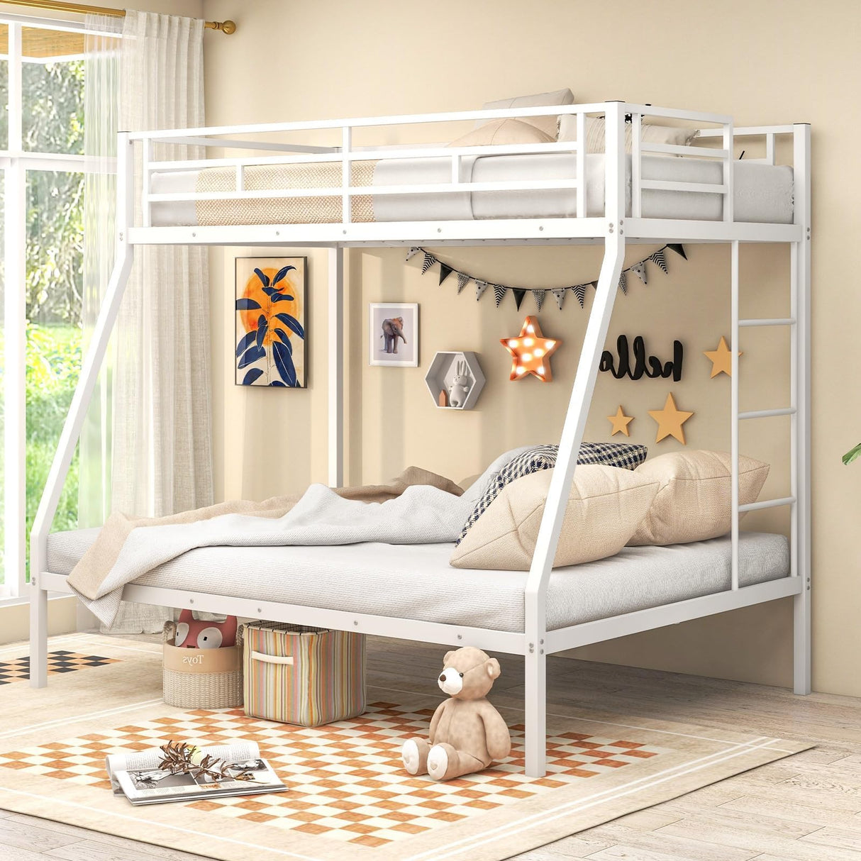 Giantex Bunk Bed Twin Over Full Size, Metal Bunk Bed with Ladder and Steel Frame Support, Space-Saving Triple Bunk Bed for Boys Girls Adults, Noise Free, No Box Spring Needed, White Giantex