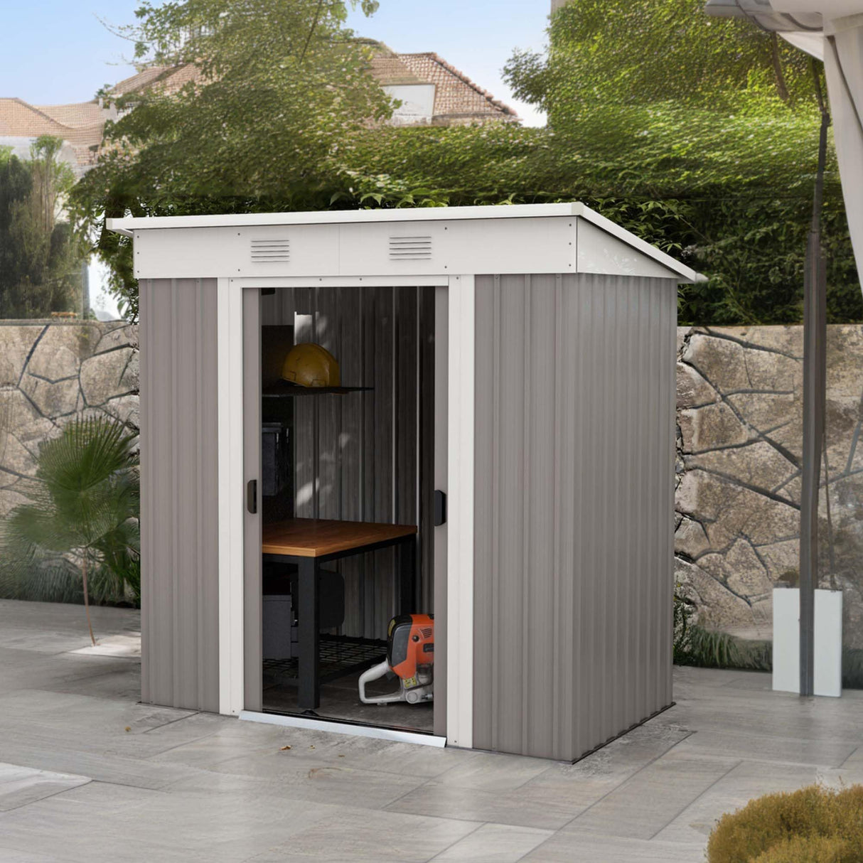 Nicbex Outdoor Storage Shed Outdoor Storage Box 6' x 4' Metal Lean to Garden Shed, Garden Tool House with Double Sliding Doors, 2 Air Vents for Backyard, Patio, Lawn, Gray NicBex
