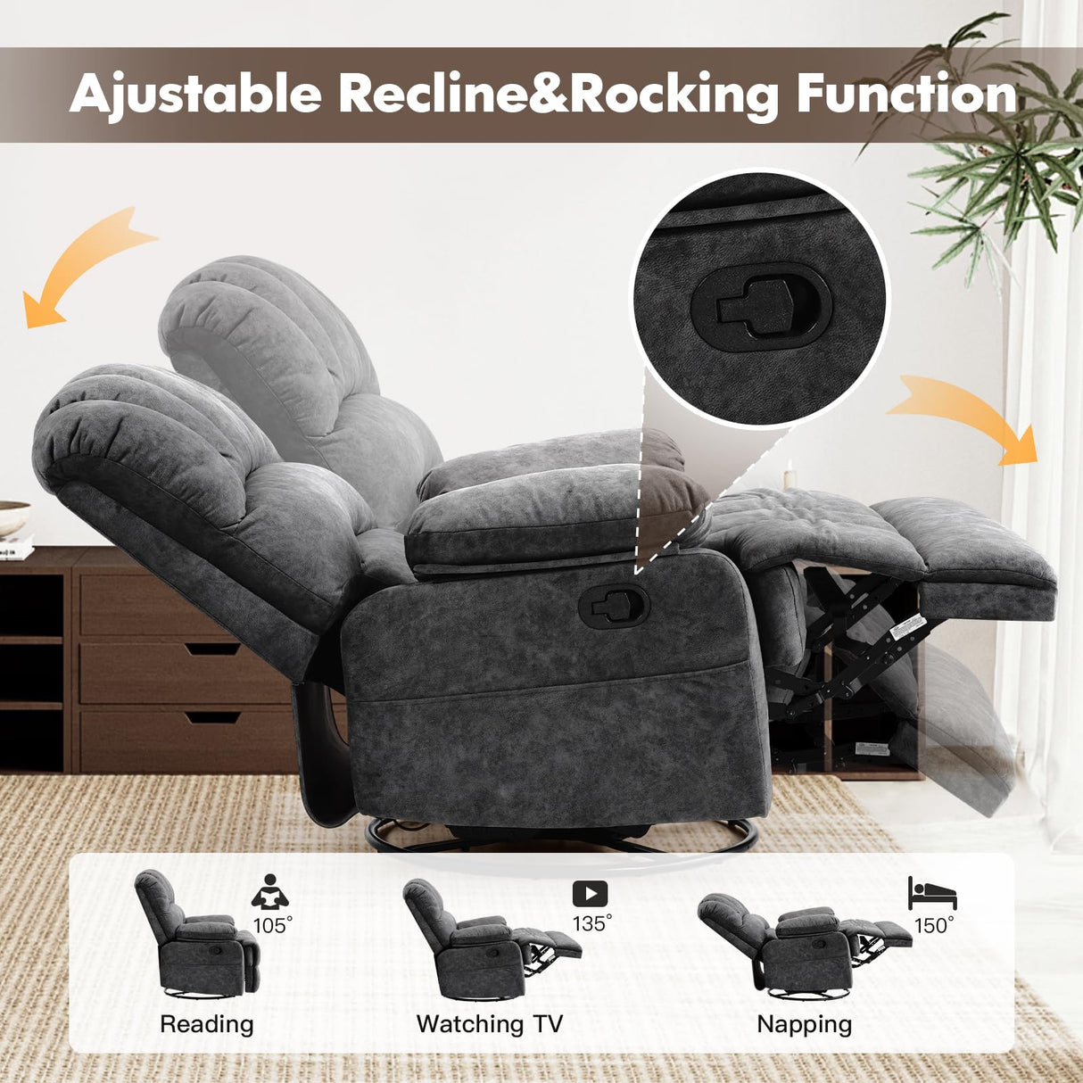 COOSLEEP Oversized Manual Swivel Rocker Recliner Chair, Extra Wide Glider Rocker Recliner for Big and Tall, Overstuffed Lazy Recliner Chair with High Back, Single Sofa Chair for Living Room(Dark Gray) COOSLEEP HOME
