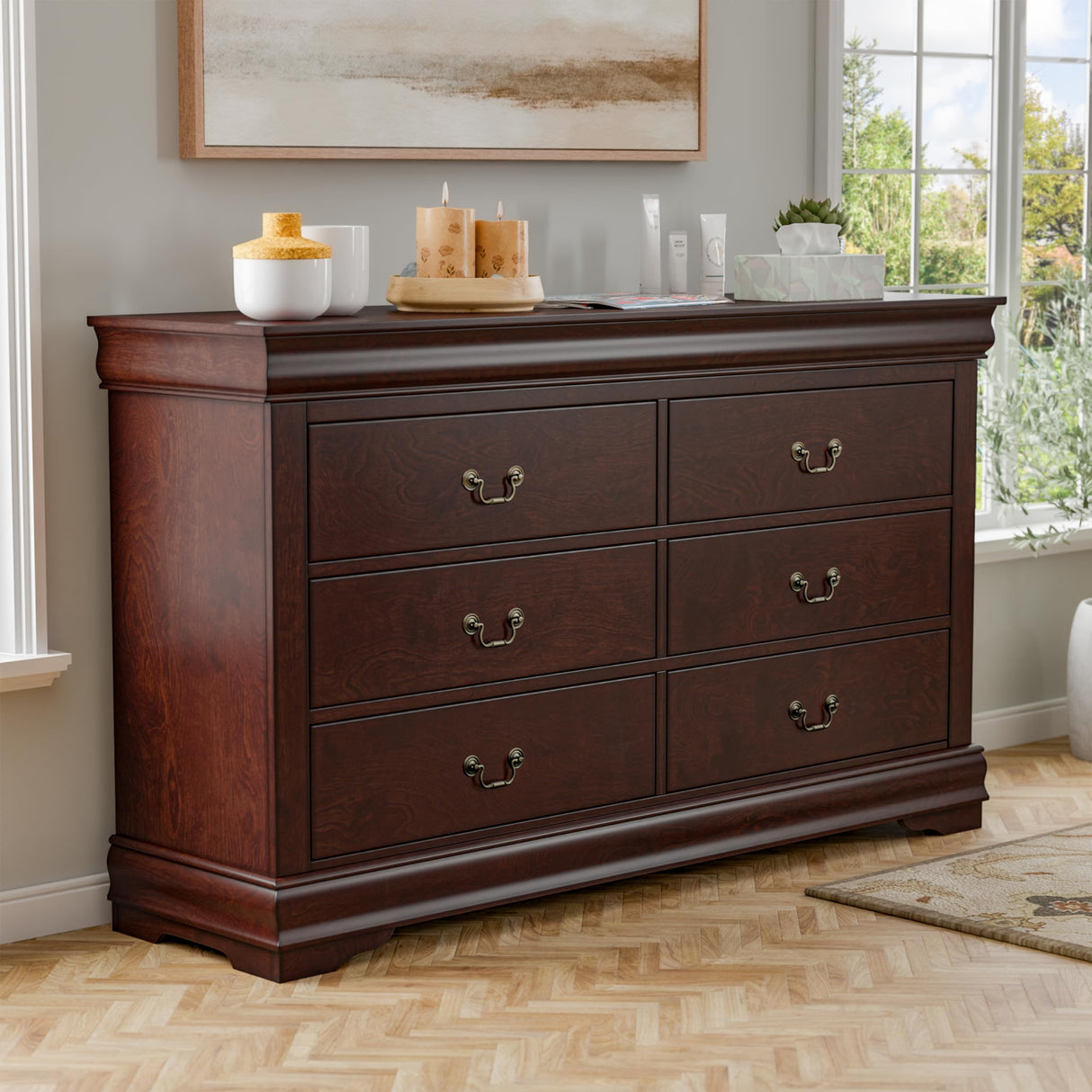 Furniture of America Arabella Traditional 6 Double Dresser with Antique Nickle Handles, Freestanding Storage Cabinet, No Assembly Wooden Chest of Drawers for Bedroom, Living Room, Cherry Furniture of America
