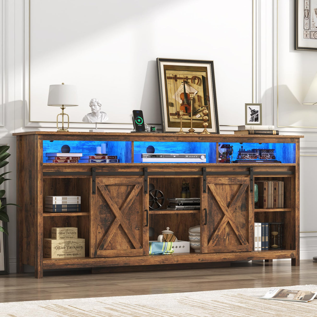 Farmhouse TV Stand for 80/75 inch TVs, Rustic Entertainment Center TV Cabinet Stands with Power Outlets, Rustic Brown Bolonbi