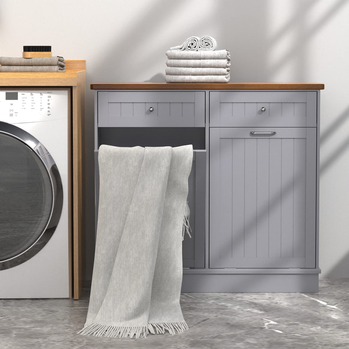 TOLEAD Double Tilt Out Trash Cabinet 20 Gallon,Antique-style Beadboard Trash Can Cabinet Kitchen with Solid Wood Tabletop & Drawer, Pet Proof Trash Can, Wood Laundry Cabinet (Grey) TOLEAD