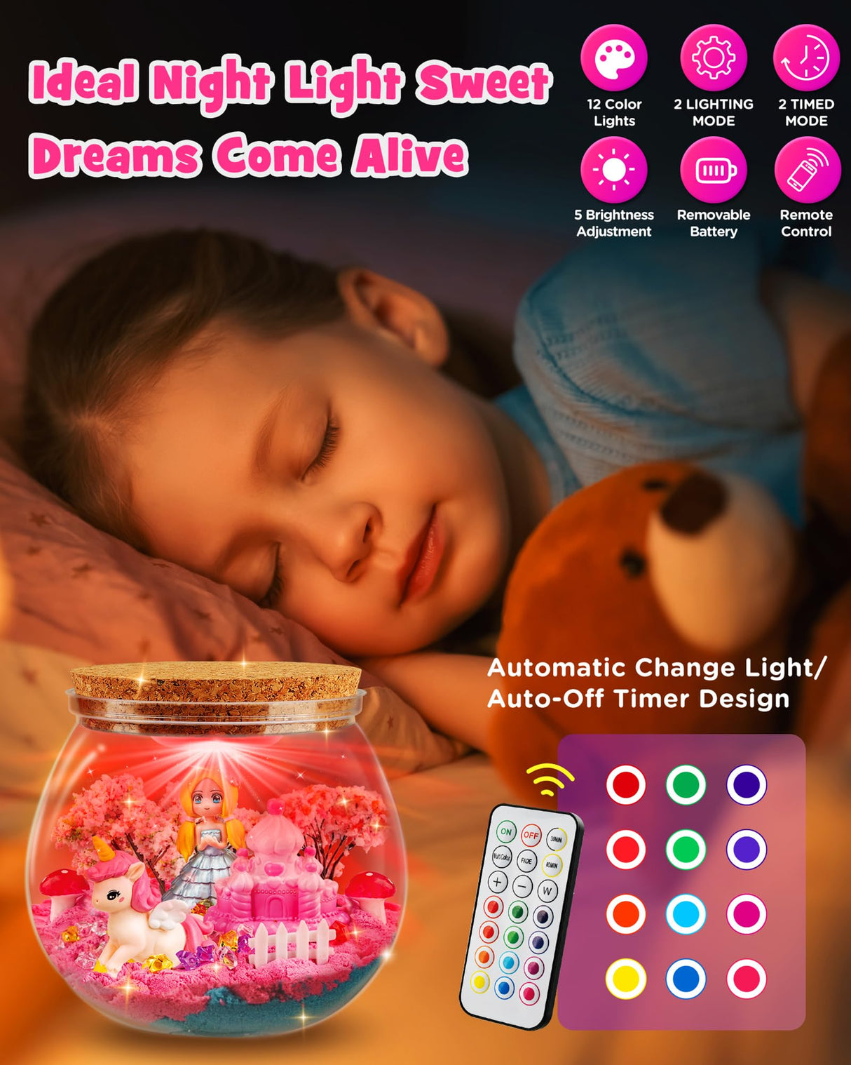 D-FantiX Unicorn Princess Toys Terrarium Kit for Kids, Led Night Light Birthday for Little Girls, DIY Arts and Crafts Science Kit for Kids Age 3 4 5 6 7 8-12 Year Old D-FantiX
