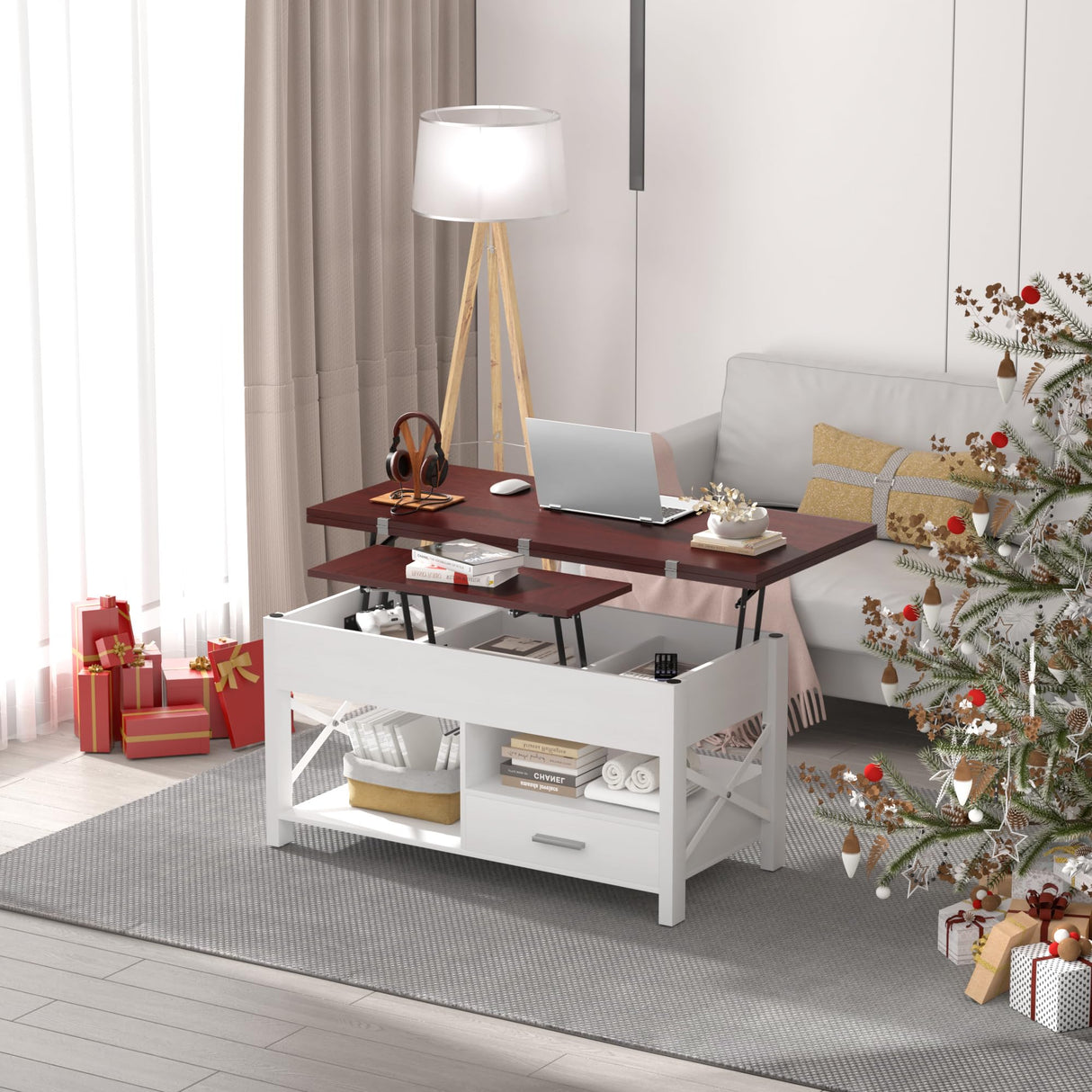 Lift Top Coffee Tables for Living Room, 42“ Multi-Function Coffee Table Converts to Dining Table, Modern Center Table with Storage Drawer and Hidden Compartments, Coffee Table with Lifting Top, White VAXZOFI