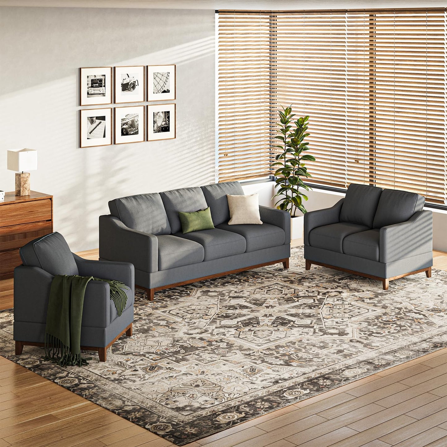 Sectional Sofa Couch Set-Living Room Sofa Set, 3-Seater Couch, Loveseat Sofa and Armchair, Modern Versatile Convertible Modular Sofa Set for Living Room/Apartment-Darkgrey