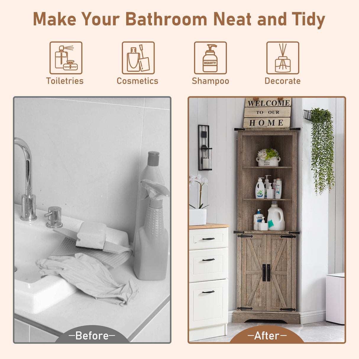 OKD Tall Corner Cabinet, Farmhouse Storage Cabinet with Barn Door Design & Adjustable Shelves, Home Space Saver for Bathroom, Living Room, Light Rustic Oak OKD