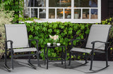 Vongrasig 3 Piece Outdoor Rocking Bistro Set, Textilene Fabric Small Patio Furniture Set, Front Porch Rocker Chairs Conversation Set with Glass Table for Lawn, Garden, Balcony, Poolside (Light Gray) Vongrasig