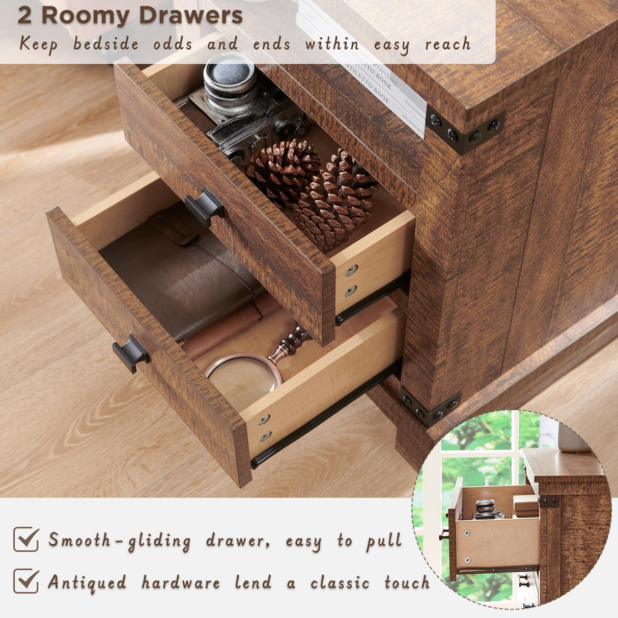 Farmhouse Nightstand with Charging Station, 18" Rustic Night Stand with 2 Storage Drawers, Wood End Table for Bedroom, Living Room, Reclaimed Barnwood RedLemon