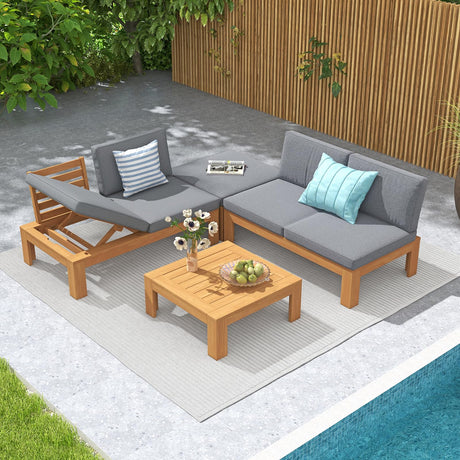 SUNSITT 4 Piece Acacia Wood Patio Furniture Outdoor Sectional Sofa Set with Adjustable Armrest, FSC Certified L-Shaped Patio Set w/2-in-1 Coffee Table, Grey Cushions SUNSITT