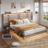 AMERLIFE Taupe Farmhouse Floating Bed Frame with LED Lights, Extended Grille Headboard & Integrated Nightstands AMERLIFE