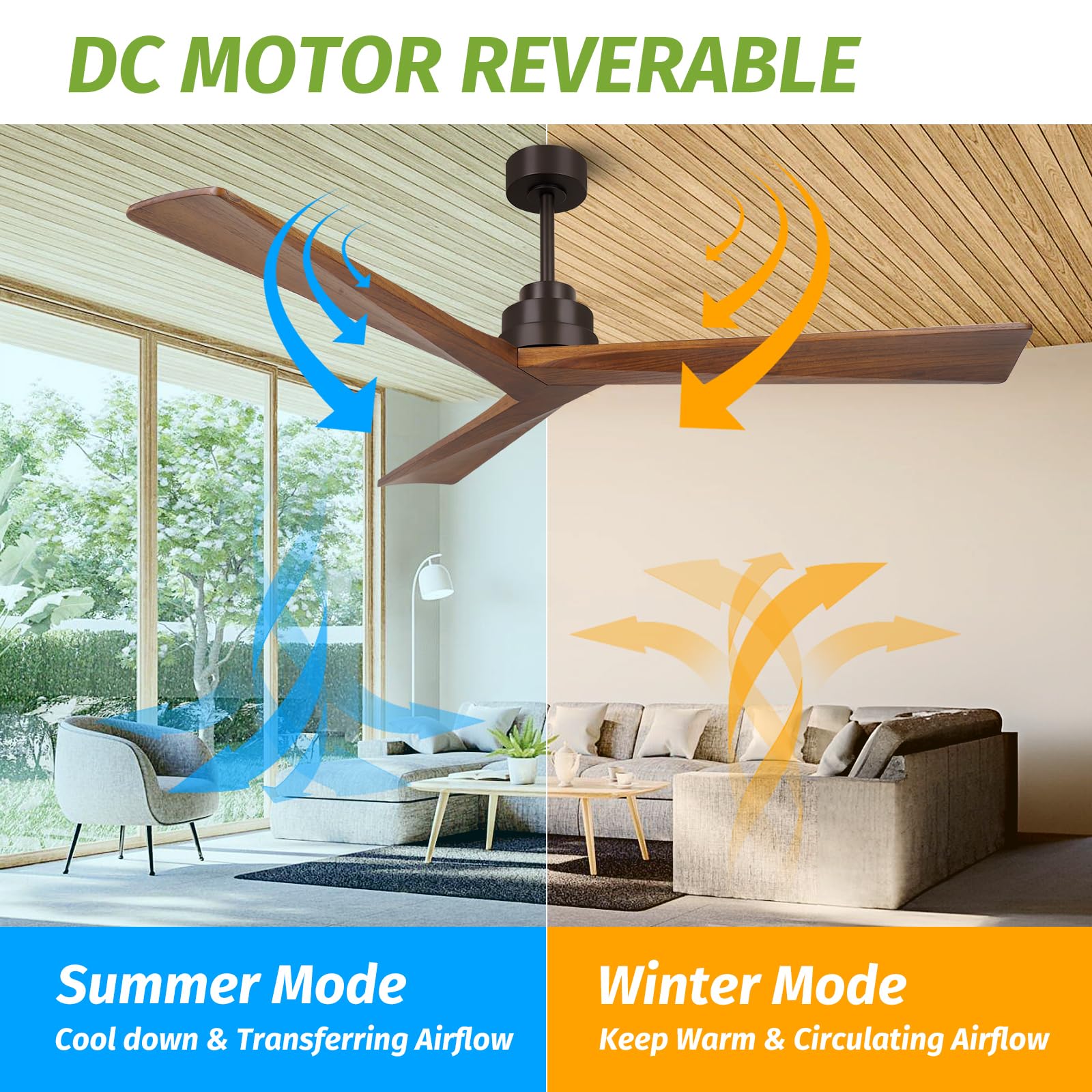 KAPOEFAN 60 Inch Ceiling Fan Without Light, Wood Ceiling Fans no Light, Modern Outdoor Ceiling Fans with Remote DC Motor 6 Speeds Quiet 8H Timer Black Solid Wooden Fan for Farmhouse Patio - WoodArtSupply